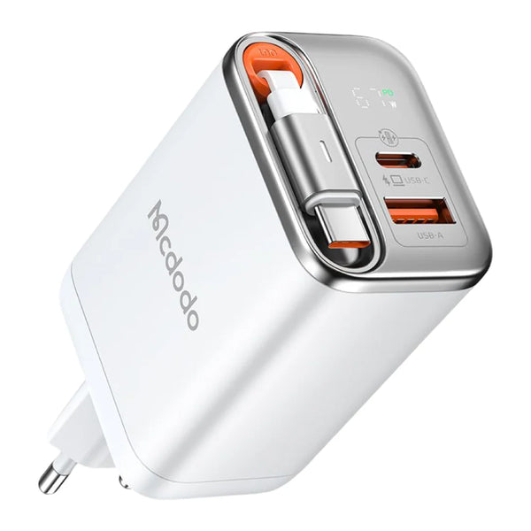 67w GaN Fast Charger Retractable USB-C Cable Digital Watt Display