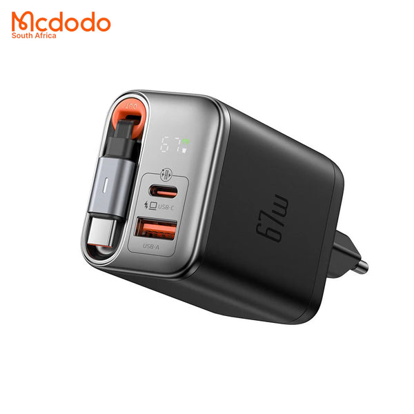 67w GaN Fast Charger Retractable USB-C Cable Digital Watt Display