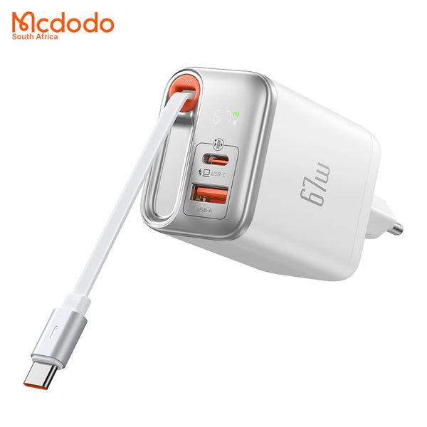 67w GaN Fast Charger Retractable USB-C Cable Digital Watt Display