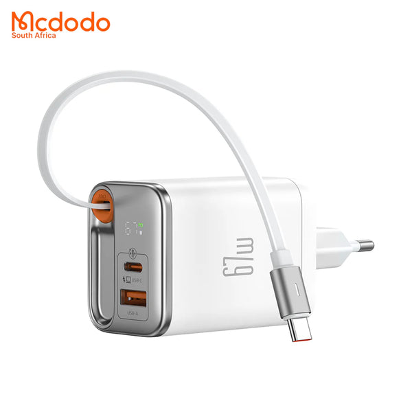 67w GaN Fast Charger Retractable USB-C Cable Digital Watt Display