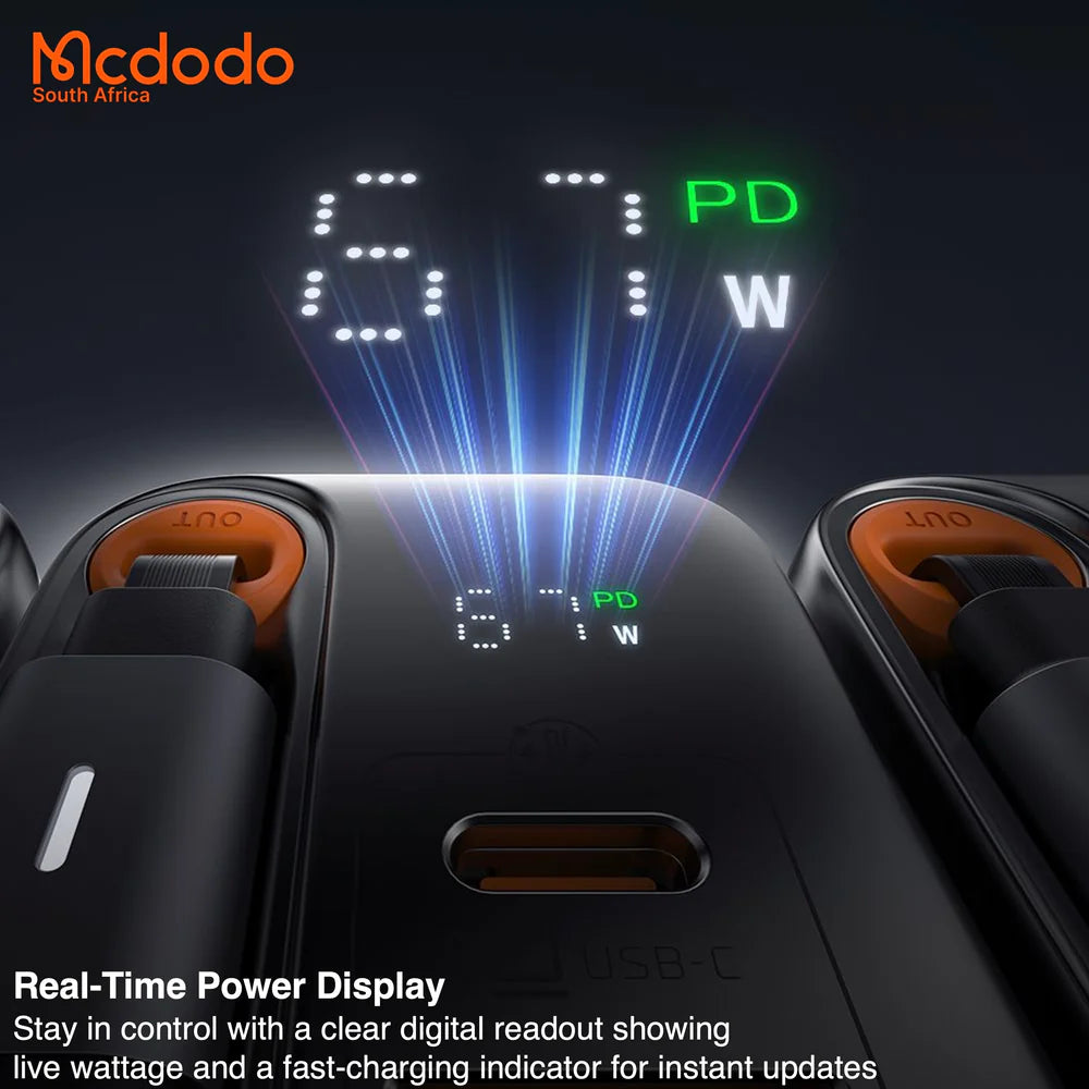 67w GaN Fast Charger Retractable USB-C Cable Digital Watt Display
