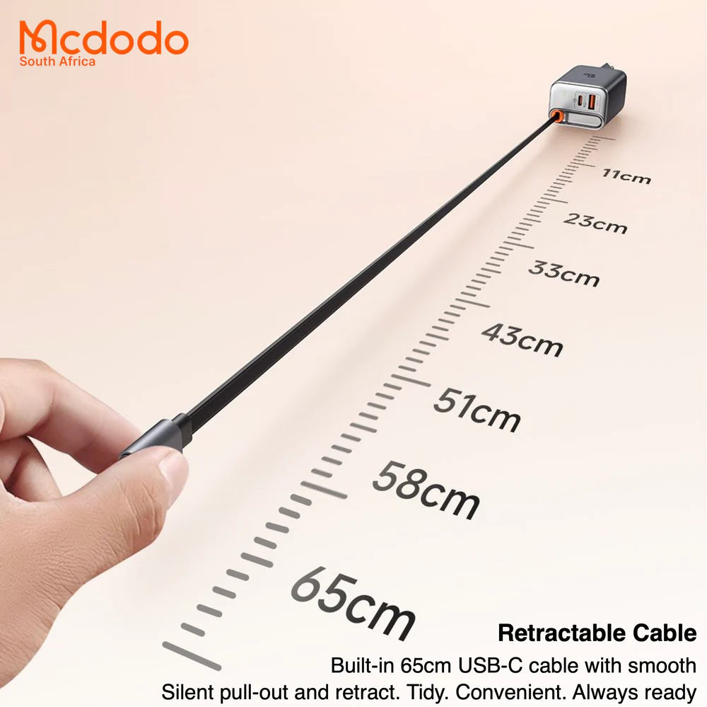67w GaN Fast Charger Retractable USB-C Cable Digital Watt Display