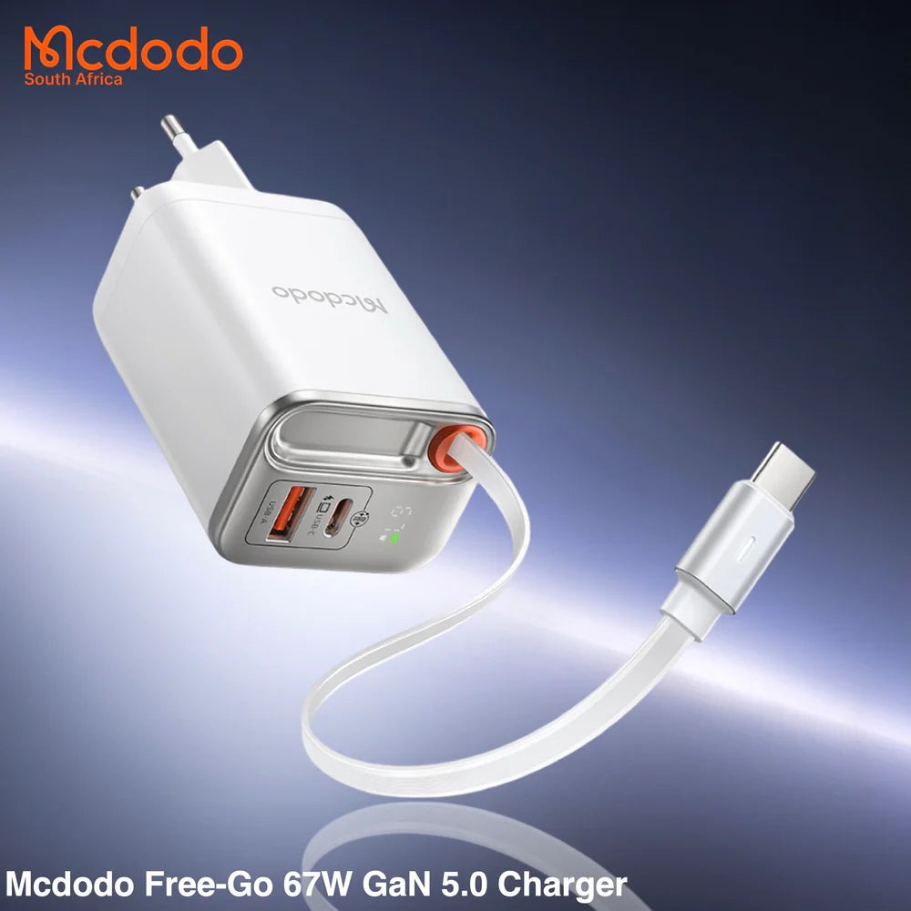 67w GaN Fast Charger Retractable USB-C Cable Digital Watt Display
